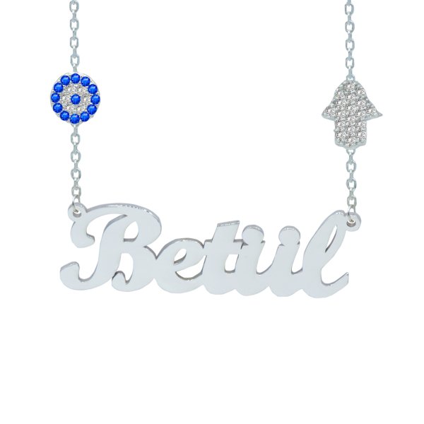 Gümüş Zinciri Taşlı El Nazarlıklı İsimli Kolye