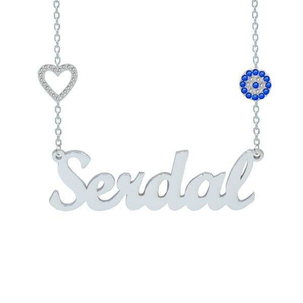 Gümüş Kalpli Nazar Boncuklu İsimli Kolye