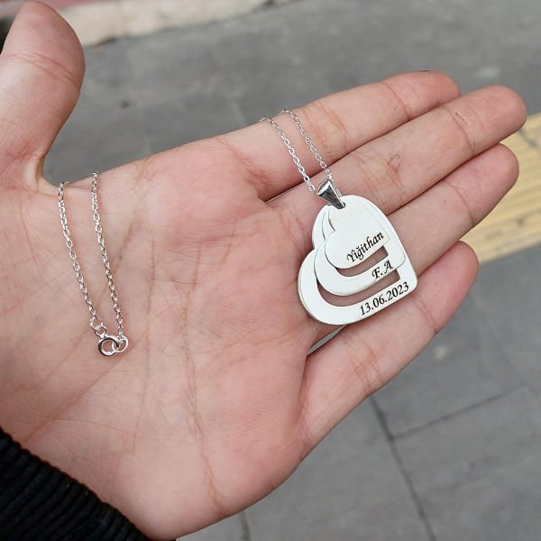 Gümüş Kişiye Özel Taşsız 3 Kalpli İsimli Kolye