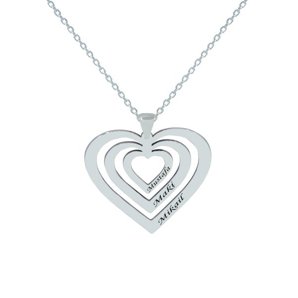 Gümüş Özel Tasarım Taşsız 3 Kalpli İsimli Kolye