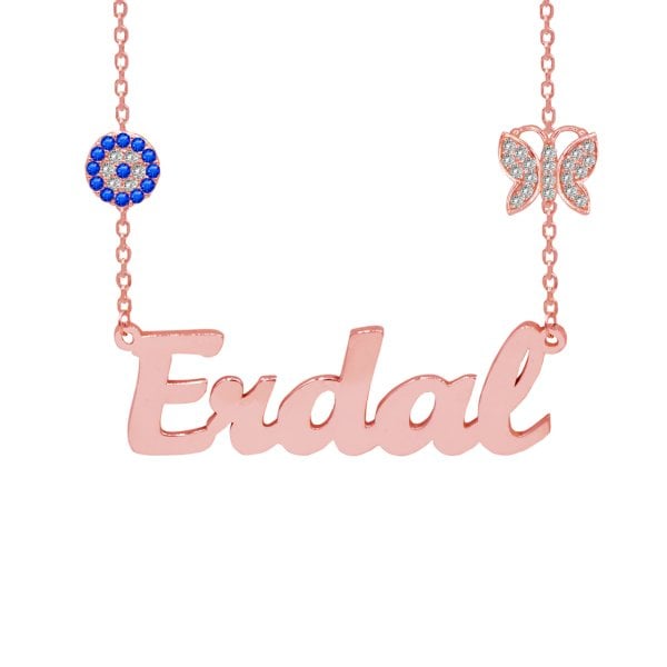 Gümüş Zinciri Nazarlık Kelebekli İsimli Kolye