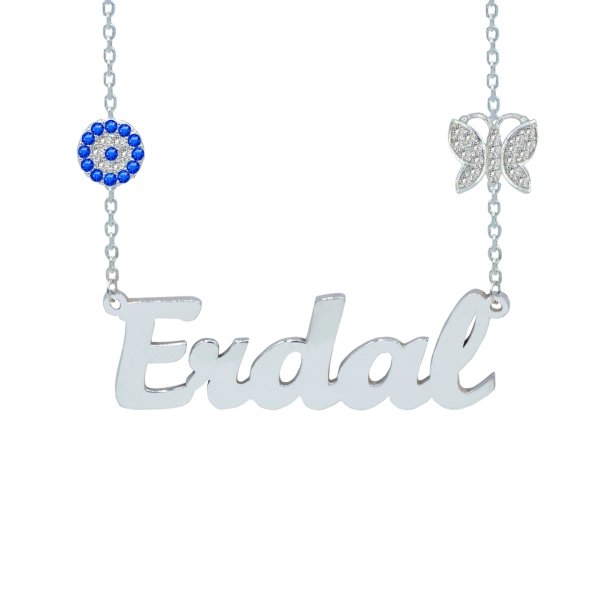 Gümüş Zinciri Nazarlık Kelebekli İsimli Kolye