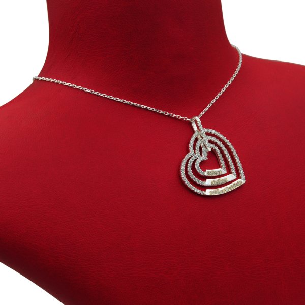 Gümüş Taşlı 3 Kalpli Tasarım İsimli Kolye