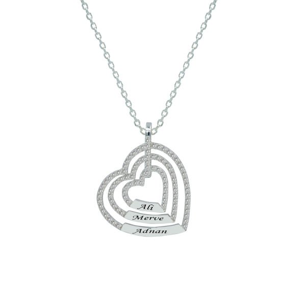 Gümüş Taşlı 3 Kalpli Tasarım İsimli Kolye