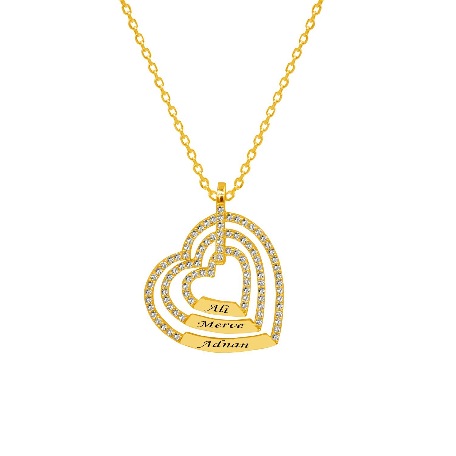 Gümüş Taşlı 3 Kalpli Tasarım İsimli Kolye