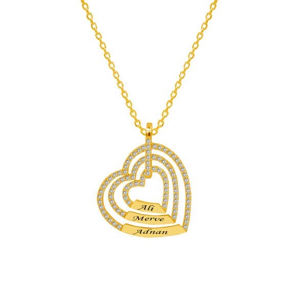 Gümüş Taşlı 3 Kalpli Tasarım İsimli Kolye