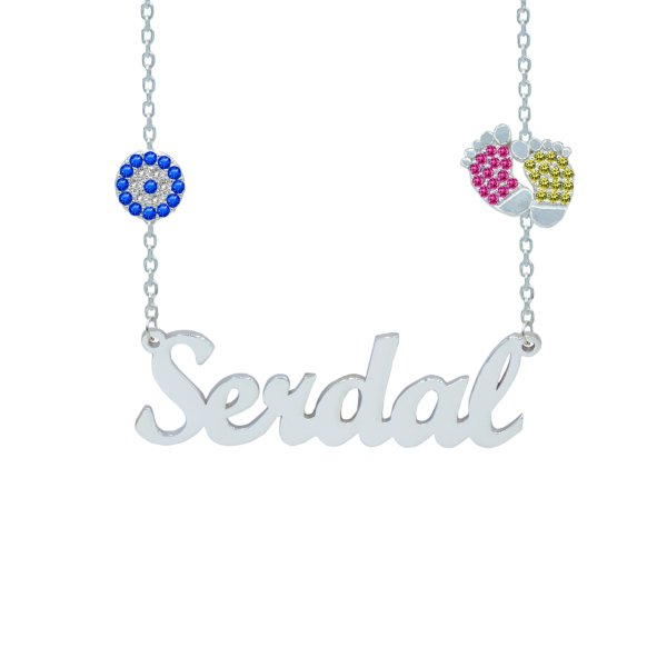 Gümüş Zinciri Renkli Patik Nazarlıklı İsimli Kolye