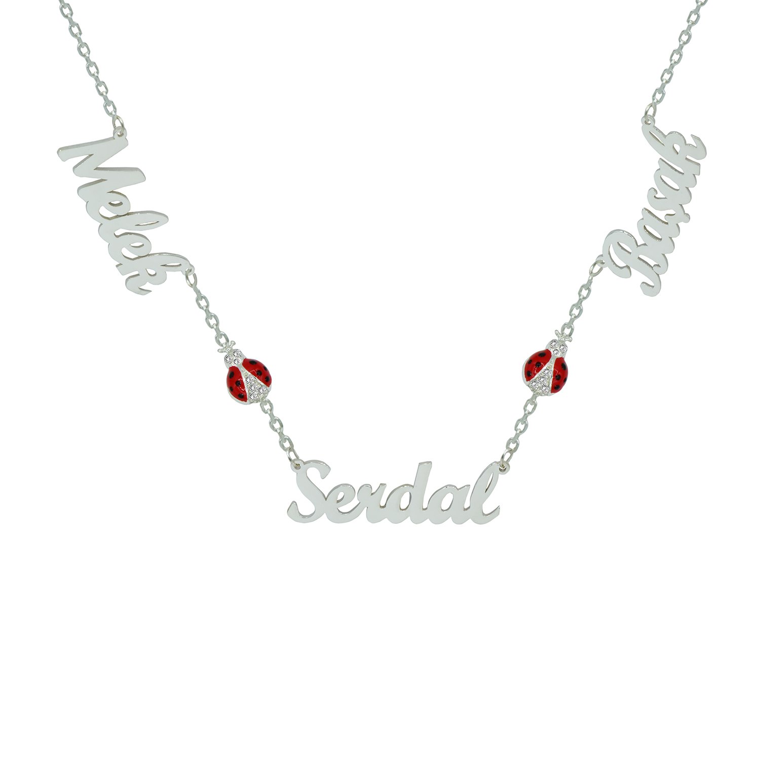 Gümüş Uğur Böcekli Üç İsimli Kolye