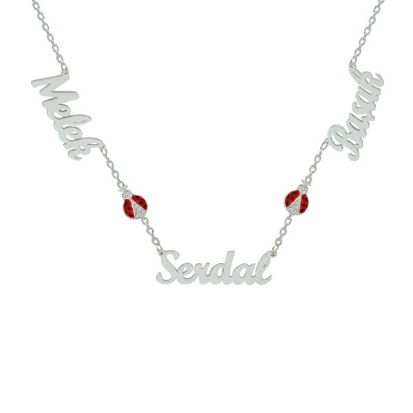 Gümüş Uğur Böcekli Üç İsimli Kolye