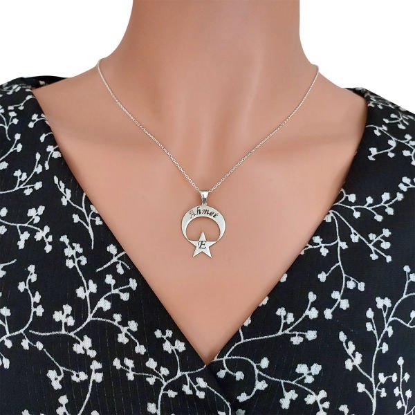 Gümüş Özel Tasarım Ay yıldızlı İsimli Kolye