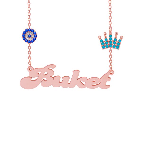 Gümüş Turkuaz Renk Taçlı Nazarlıklı İsimli Kolye