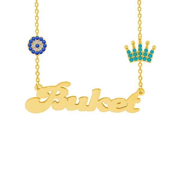 Gümüş Turkuaz Renk Taçlı Nazarlıklı İsimli Kolye