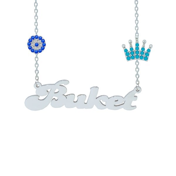 Gümüş Turkuaz Renk Taçlı Nazarlıklı İsimli Kolye